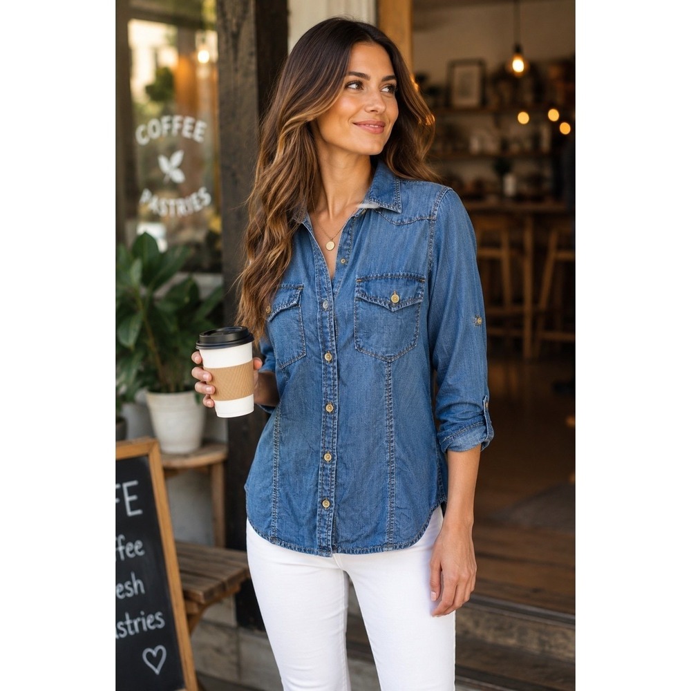 Cloth & Stone Chambray Button Front Shirt Women XS Lightweight Tencel‎ Denim Top